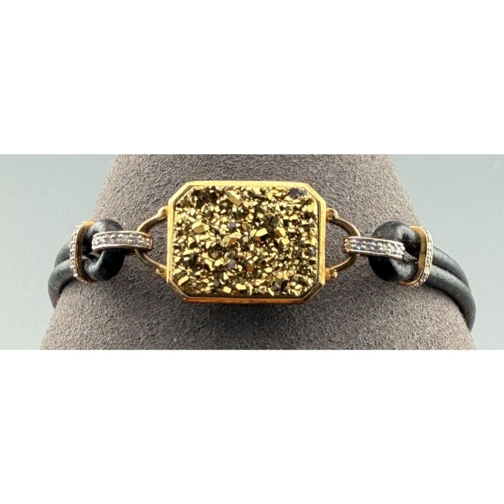 Vintage Bracelet Druzy Pyrite Fools Gold Sterling Silver Setting Leather Band